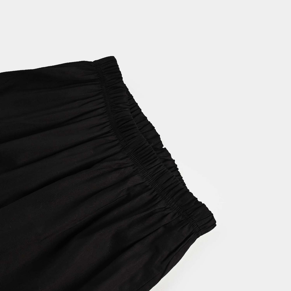 Girls Cotton Flower Emb Straight Pant-BLACK