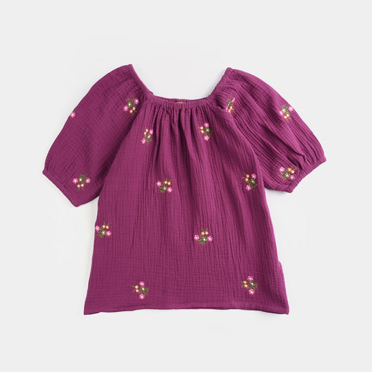 Girls Poly Cotton EMB Top Bouquet-Purple