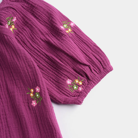 Girls Poly Cotton EMB Top Bouquet-Purple