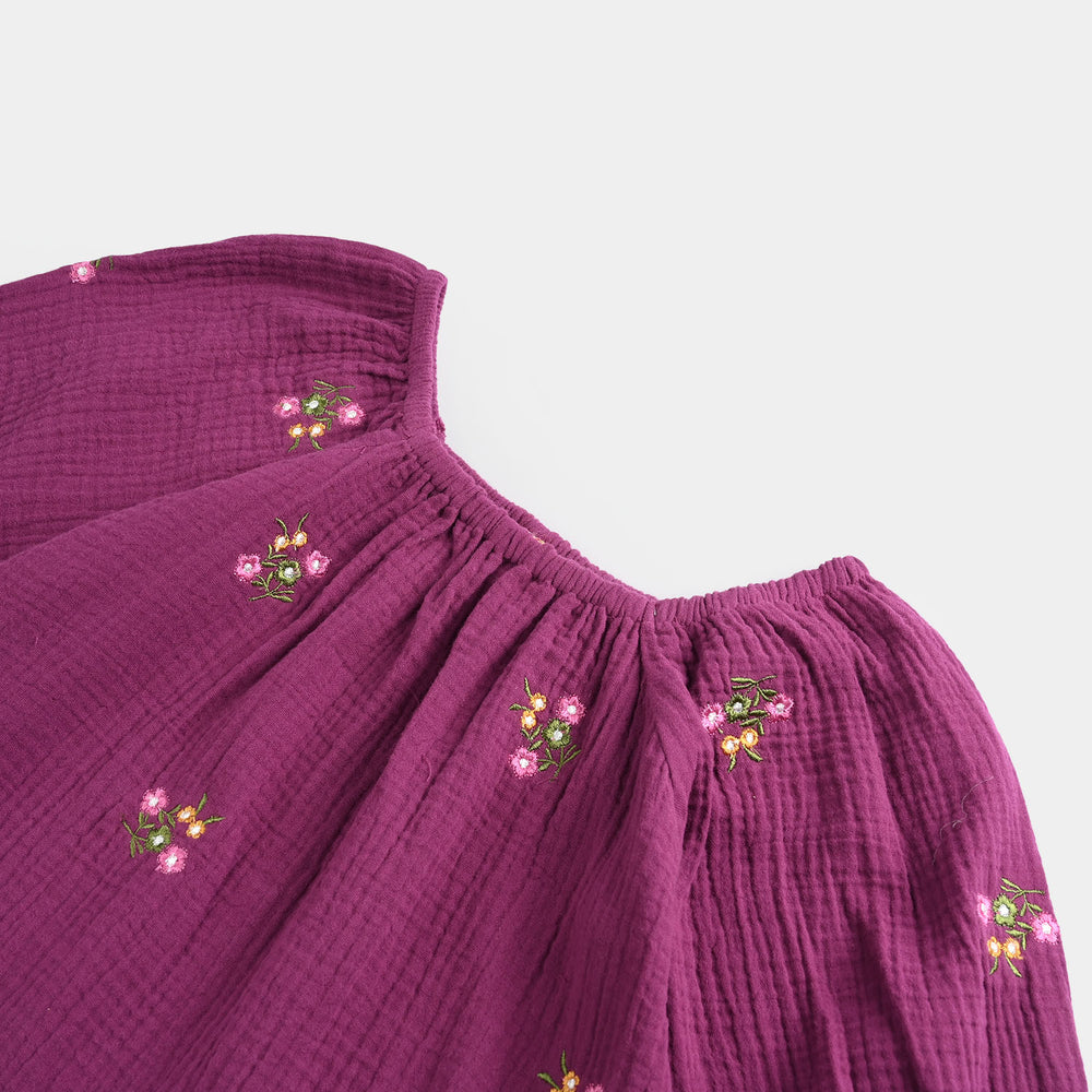 Girls Poly Cotton EMB Top Bouquet-Purple