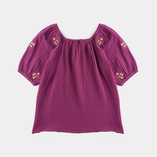 Girls Poly Cotton EMB Top Bouquet-Purple