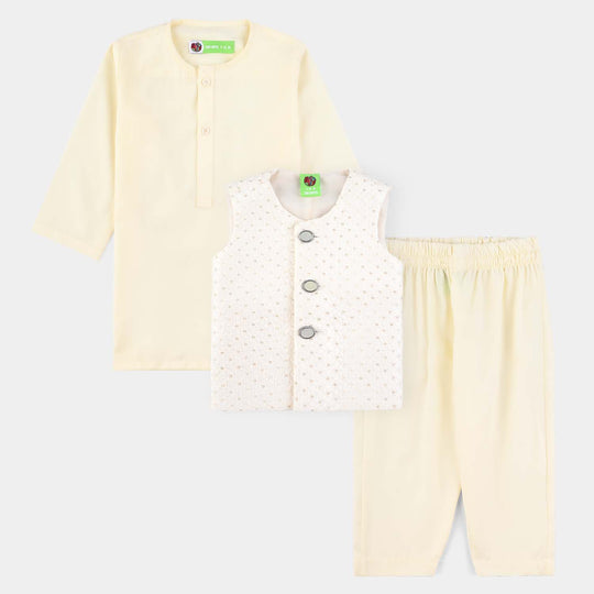 Infant Boys Poly Viscose 3 Piece Suit (Square PKT)-OFF-White