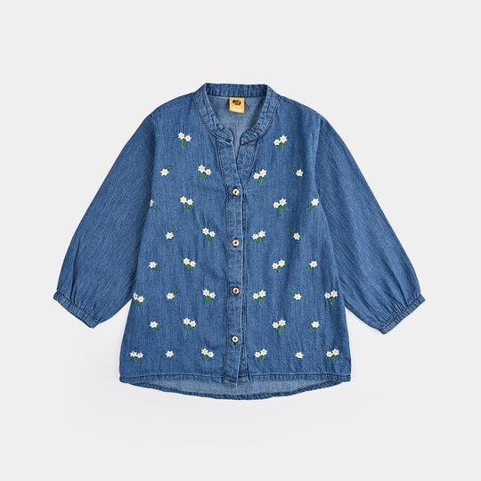 Girls Denim rigid Emb Top Yellow Flowers-Blue