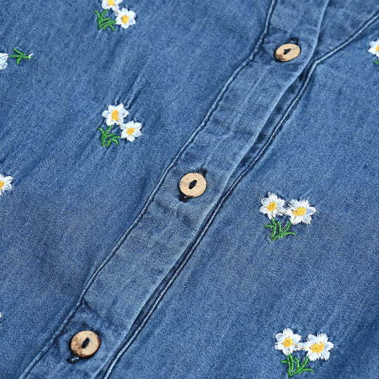 Girls Denim rigid Emb Top Yellow Flowers-Blue