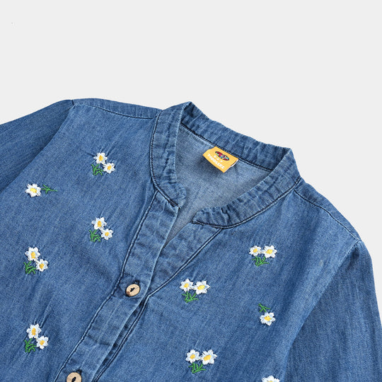 Girls Denim rigid Emb Top Yellow Flowers-Blue
