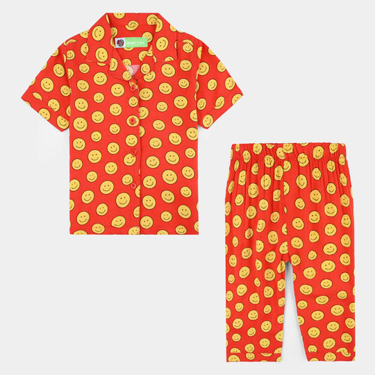 Infant Girls Viscose Nightwear-AOP Smiley- Dark Orange