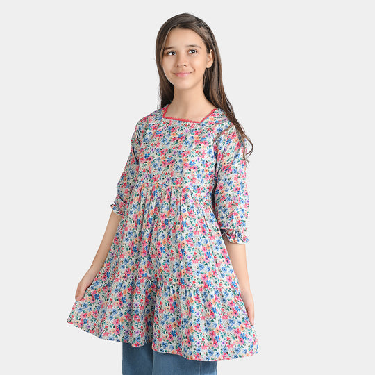 Girls Cotton Poplin Casual Frock Mix Floral-Multi