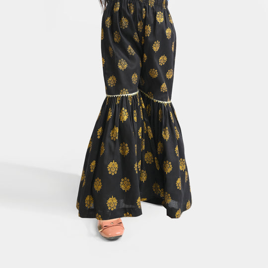 Girls Cotton Printed Gharara-BLACK