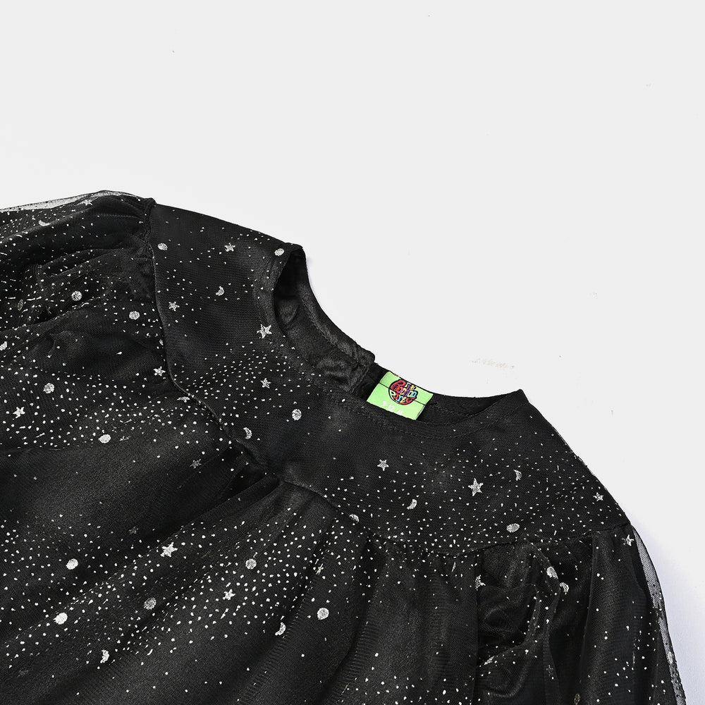 Infant Girls Poly Net Casual Frock Black Glittery-BLACK