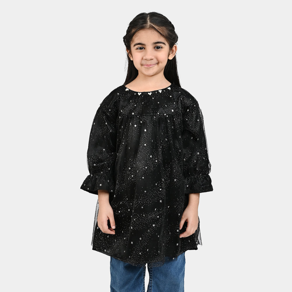 Girls Poly Net Casual Frock Black Glittery-BLACK