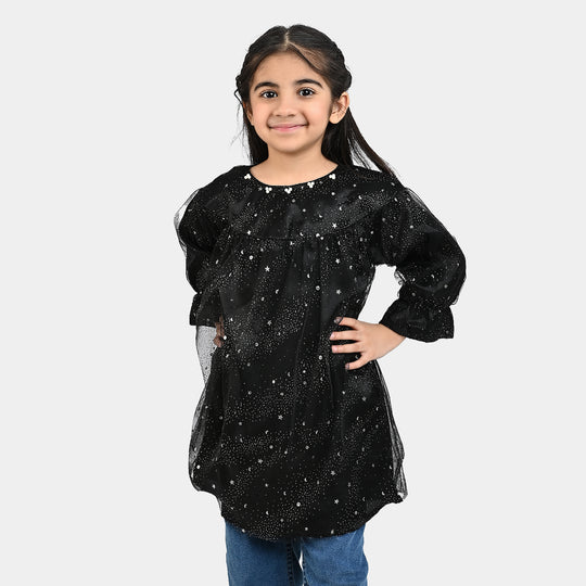 Girls Poly Net Casual Frock Black Glittery-BLACK