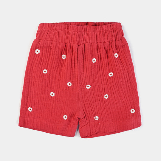 Infant Girls Cotton EMB Short Red Flowers-Red