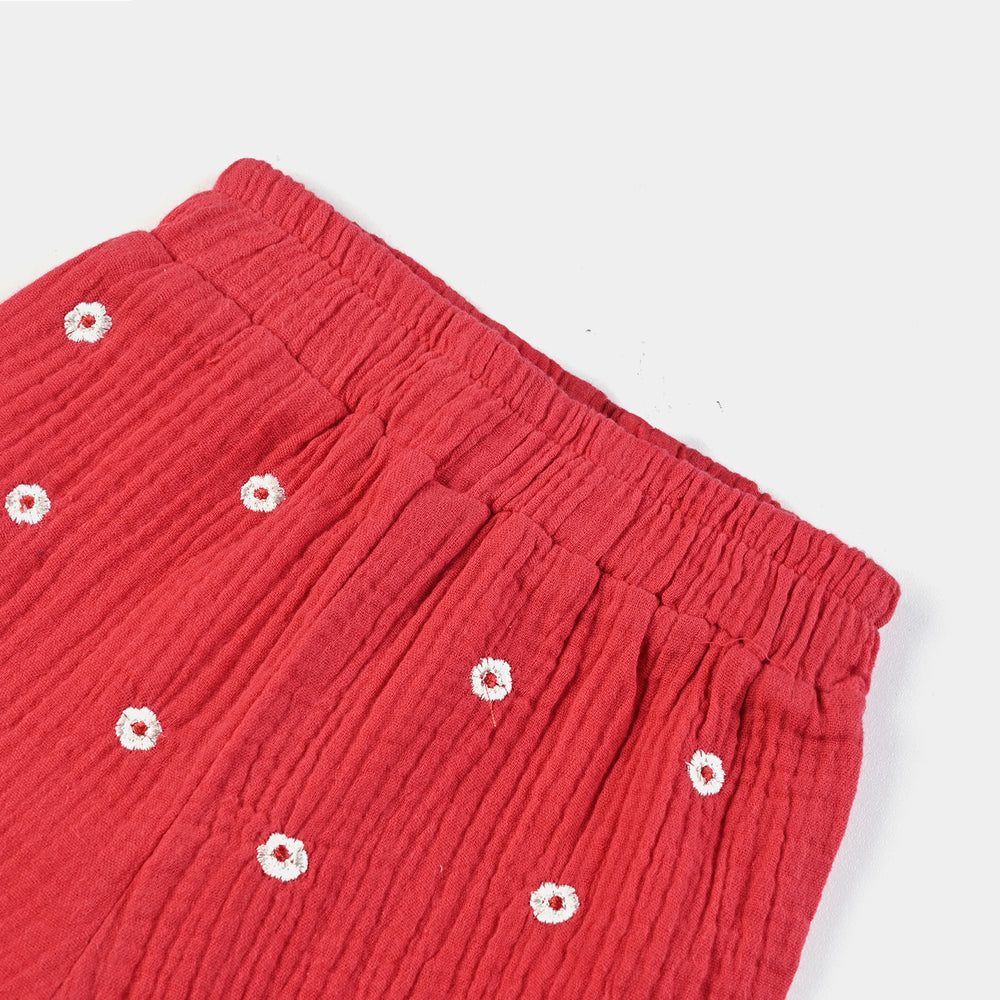 Infant Girls Cotton EMB Short Red Flowers-Red