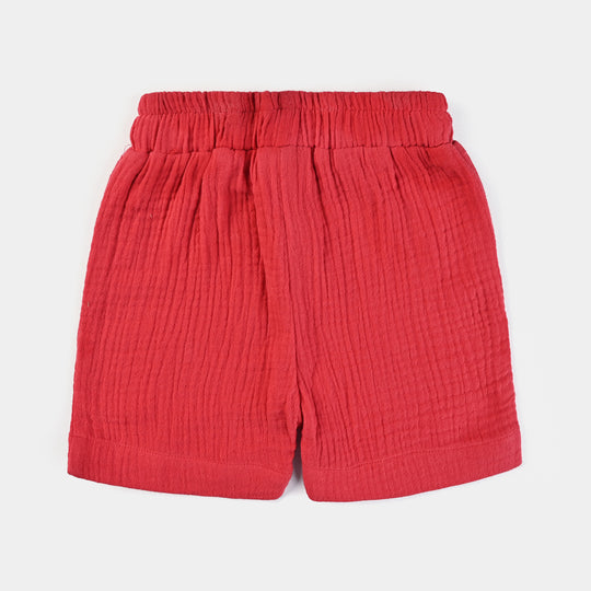 Infant Girls Cotton EMB Short Red Flowers-Red