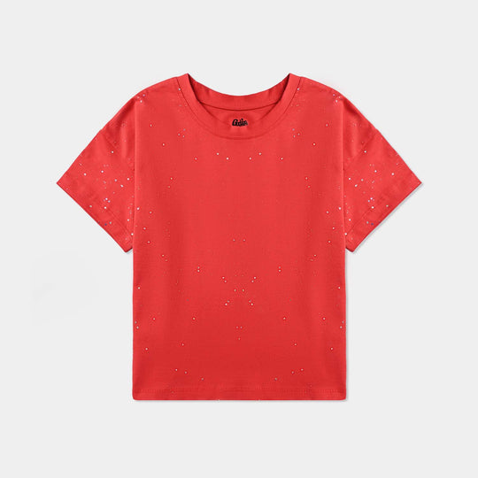 Girls Lycra Jersey T-Shirt H/S SILVER FOIL SPLATTER-Red