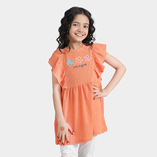 Girls Jacquard Jersey Frock Floral-ORANGE