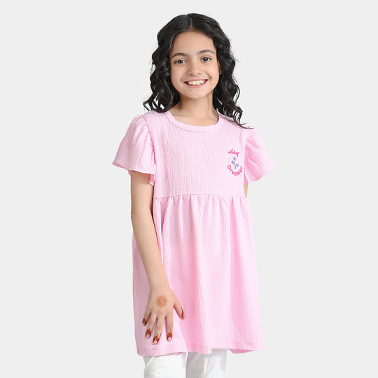 Girls Poly Crinkle Frock Hello Summer-Pink