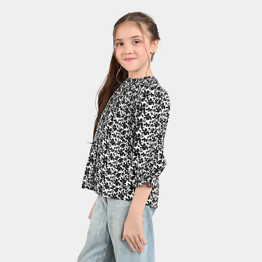 Girls Cotton Poplin Casual Top Black &White Flowers