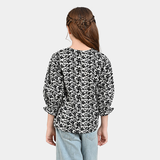 Girls Cotton Poplin Casual Top Black &White Flowers