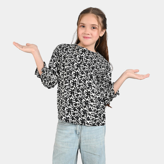 Girls Cotton Poplin Casual Top Black &White Flowers