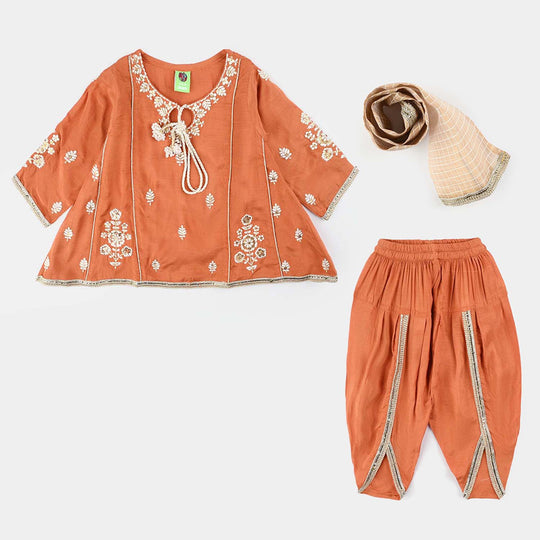 Infant Girls Raw Silk 3Pcs Khwahish-Rust