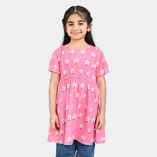 Girls Poly Cambric Casual Frock Daffodils-PINK