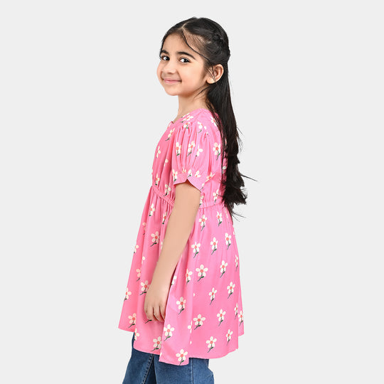 Girls Poly Cambric Casual Frock Daffodils-PINK