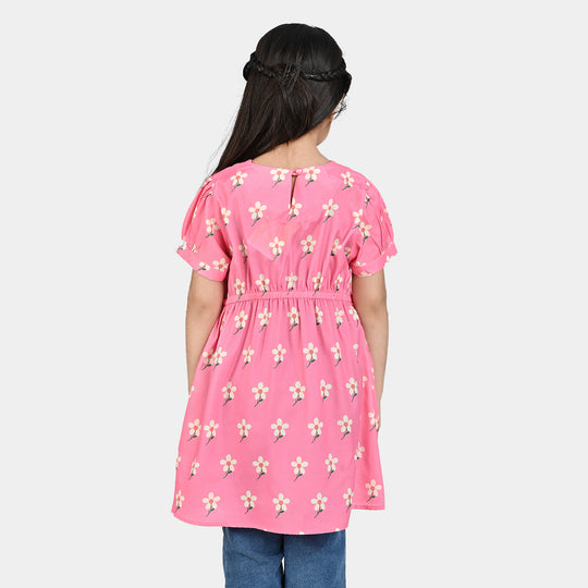 Girls Poly Cambric Casual Frock Daffodils-PINK