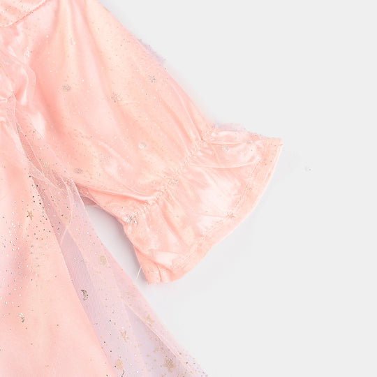 Infant Girls Poly Net Casual Frock Pink Glittery-PINK
