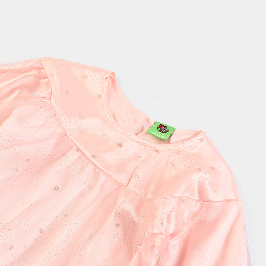 Infant Girls Poly Net Casual Frock Pink Glittery-PINK