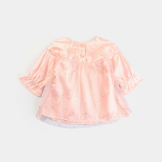 Infant Girls Poly Net Casual Frock Pink Glittery-PINK