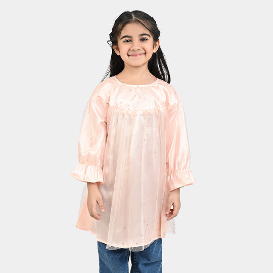 Girls Poly Net Casual Frock Pink Glittery-PINK