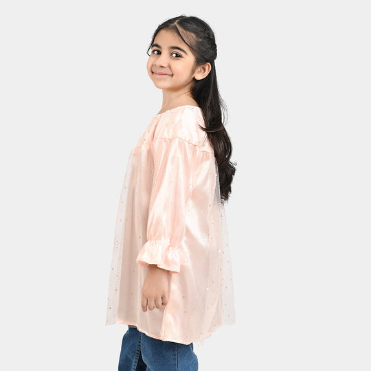 Girls Poly Net Casual Frock Pink Glittery-PINK