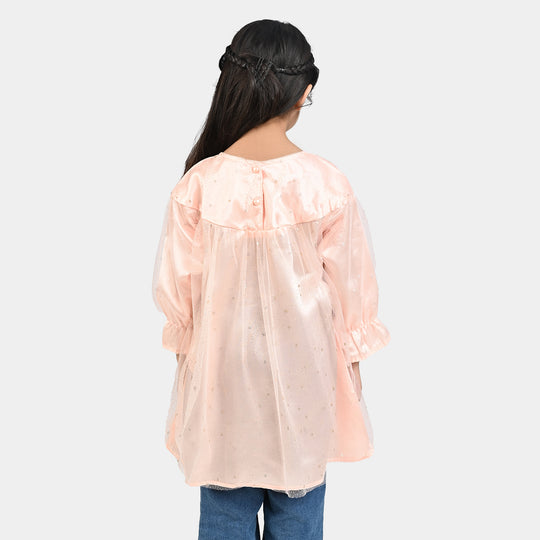 Girls Poly Net Casual Frock Pink Glittery-PINK
