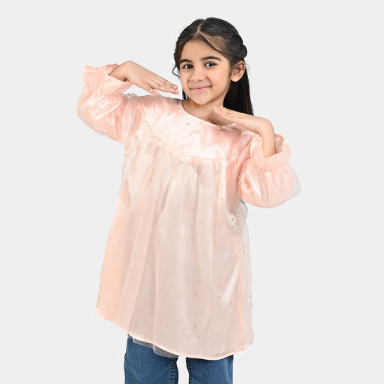 Girls Poly Net Casual Frock Pink Glittery-PINK