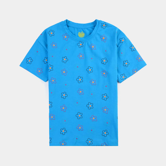 Girls Lycra Jersey T-Shirt HS Colour Ful Flowers-BLUE