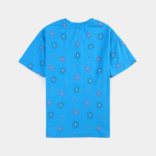 Girls Lycra Jersey T-Shirt HS Colour Ful Flowers-BLUE