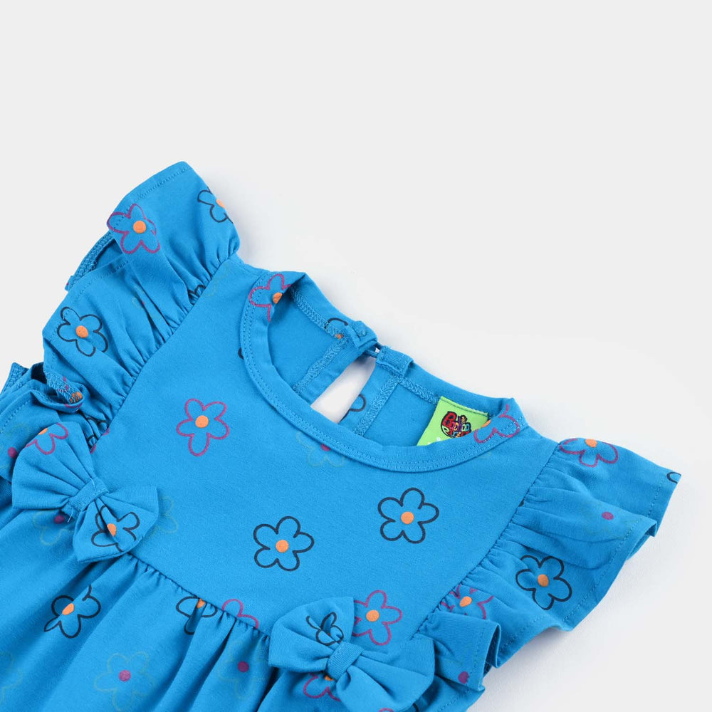 Infant Girls Lycra Jersey Romper Puff Flower-BLUE