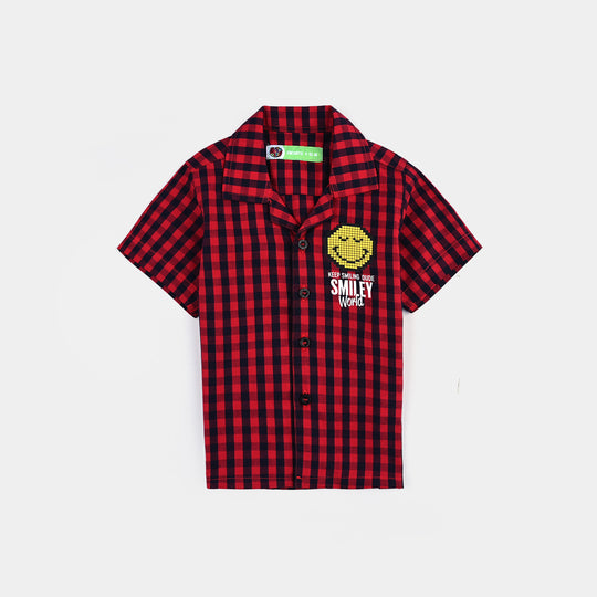 Infant Boys Yarn Dyed Casual Shirt (Smile)-Red.Check