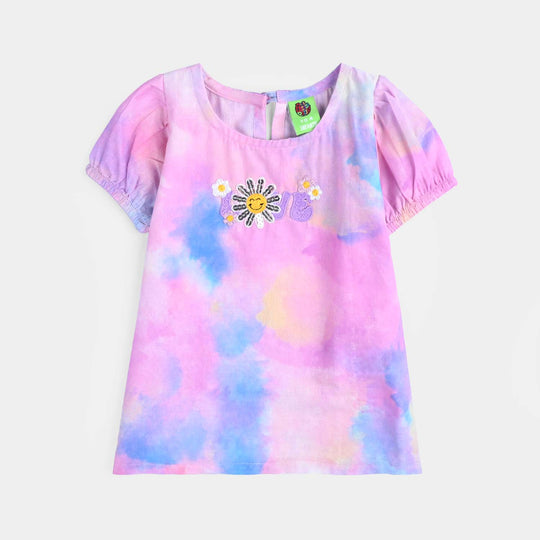 Infant Girls Cotton Poplin Emb Top Puffy Pink-Multi