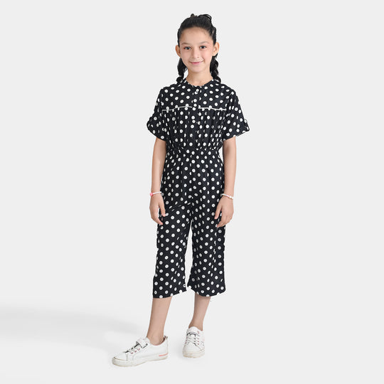 Girls Poly Mesh Jump Suit White Polka Dot-BLACK