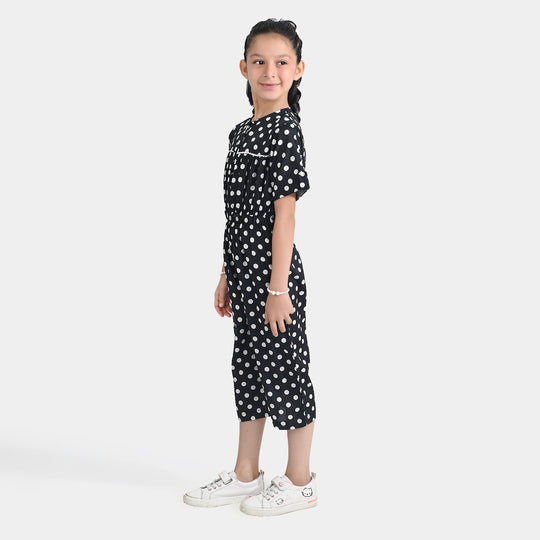 Girls Poly Mesh Jump Suit White Polka Dot-BLACK