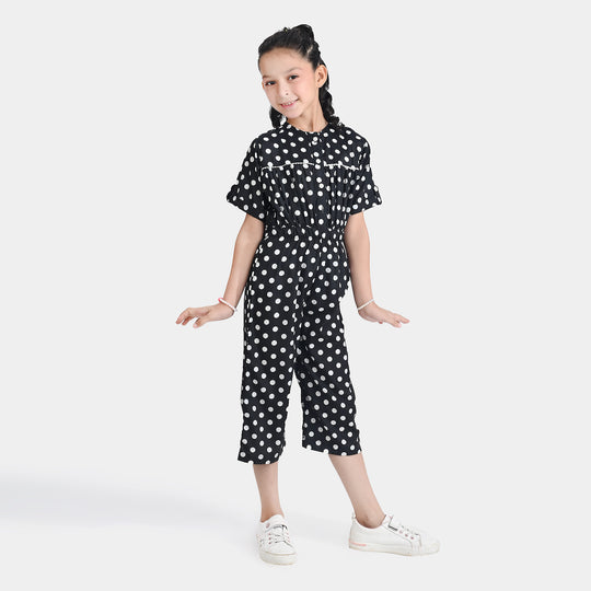 Girls Poly Mesh Jump Suit White Polka Dot-BLACK