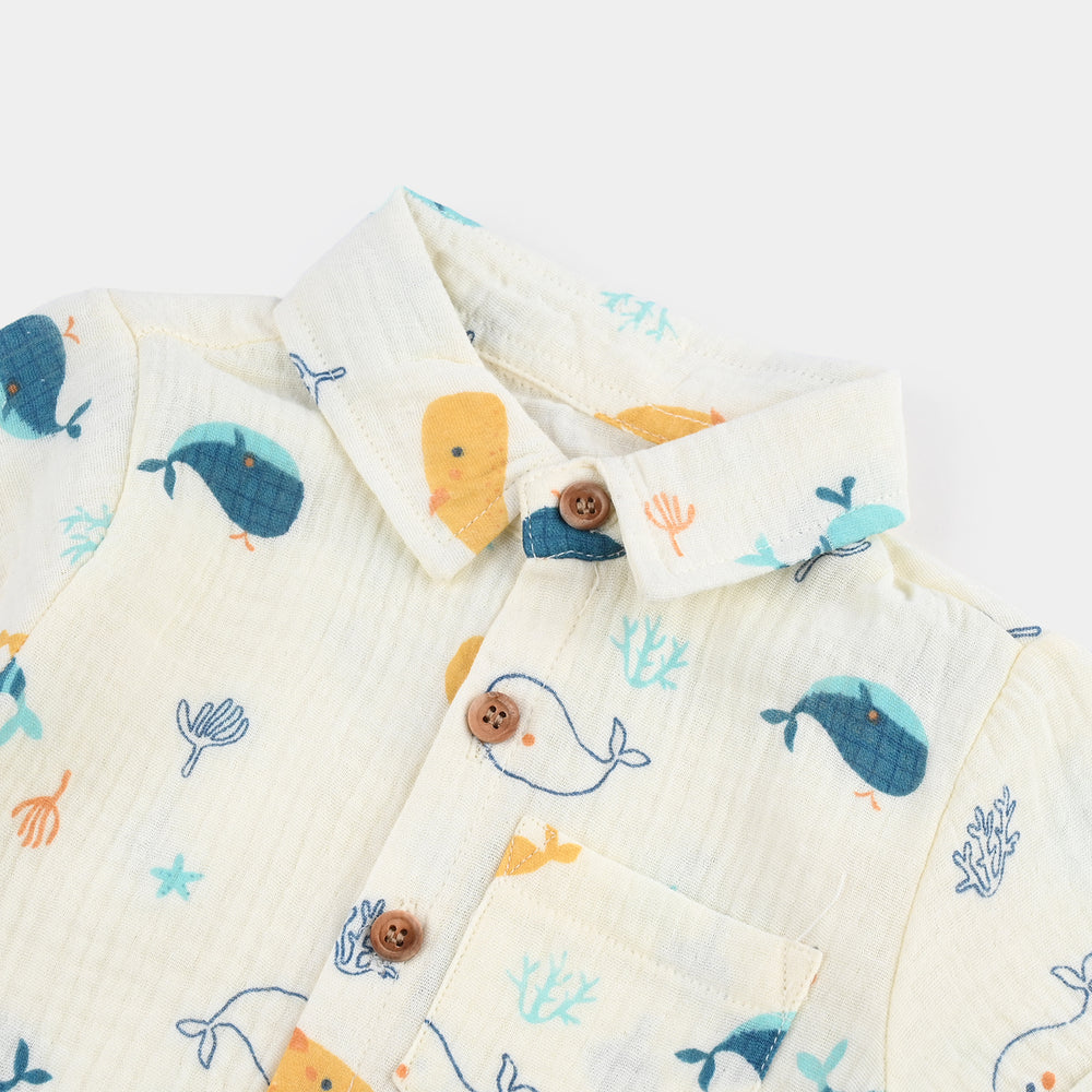 Infant Boys Cotton Woven Romper Marine Life-Cream