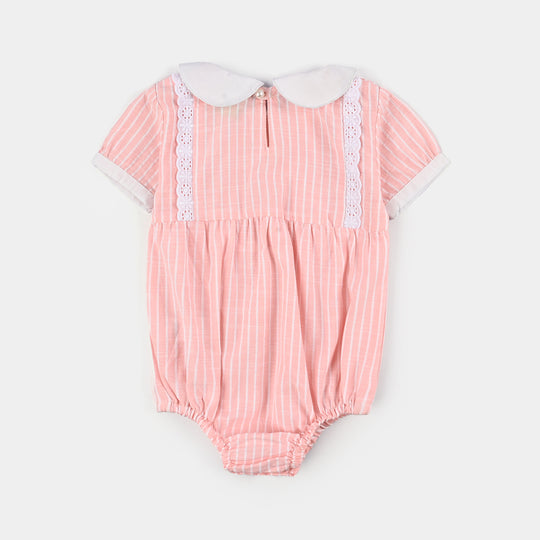 Infant Girls Cotton Romper-Fashion Striper-White Pink