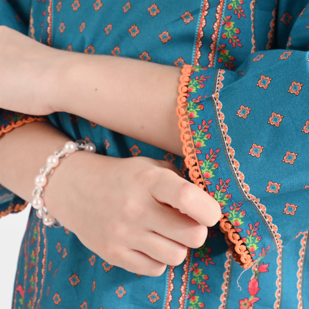 Girls Cotton Poplin Printed Kurti Teal Floral-Blue