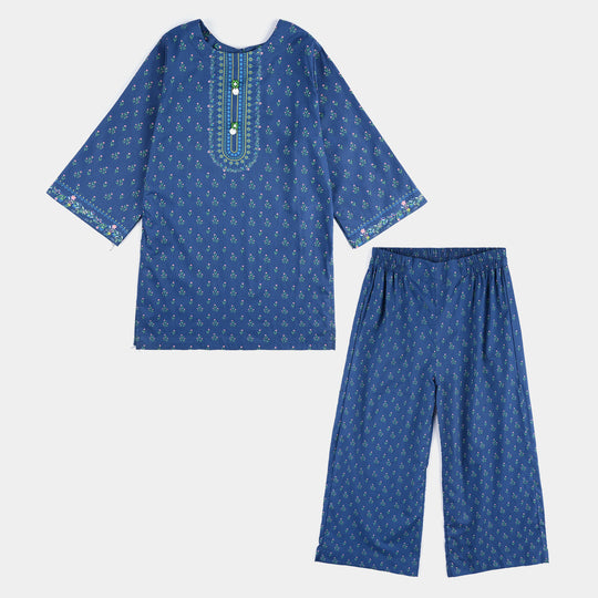 Girls Cotton Poplin Printed 2 Pcs Lotus-Blue