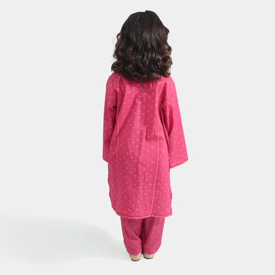 Girls Cotton Poplin Printed 2 Pcs Cross Stitch-Pink