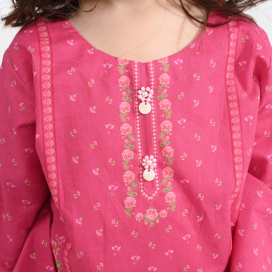 Girls Cotton Poplin Printed 2 Pcs Cross Stitch-Pink