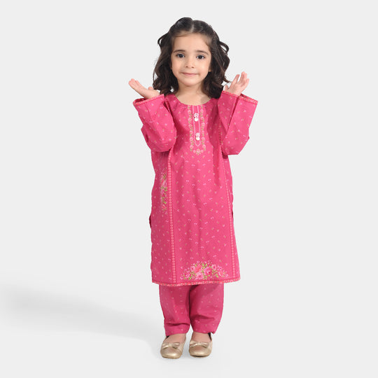 Girls Cotton Poplin Printed 2 Pcs Cross Stitch-Pink